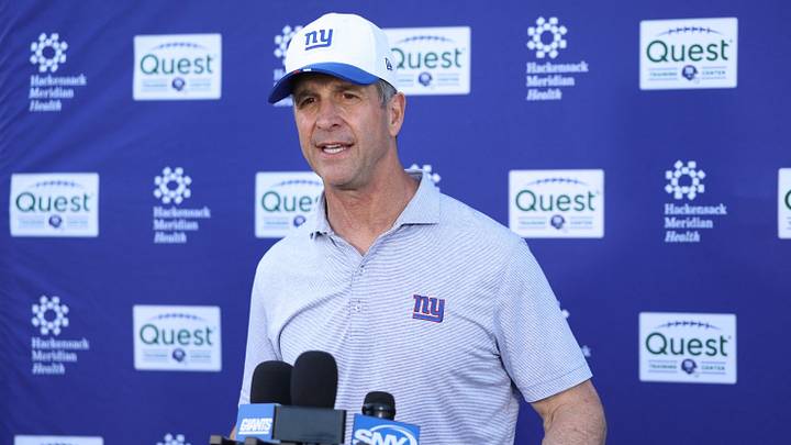 Jun 9, 2026; East Rutherford, NJ, USA; New York Giants head coach John Harbaugh answers questions from the press after the minicamp activities at Quest Diagnostics Center. Jun 9, 2026; East Rutherford, NJ, USA; New York Giants head coach John Harbaugh answers questions from the press after the minicamp activities at Quest Diagnostics Center.