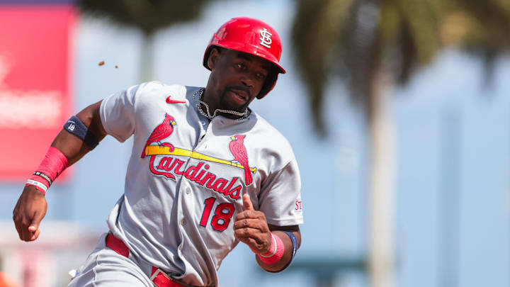 Feb 22, 2026; West Palm Beach, Florida, USA; St. Louis Cardinals right fielder Jordan Walker (18) runs past third base against the Houston Astros during the third inning at CACTI Park of the Palm Beaches. Mandatory Credit: Sam Navarro-Imagn Images