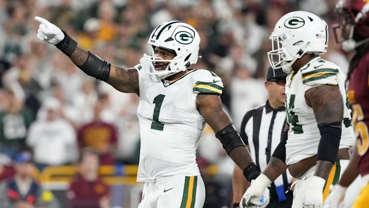 Sep 11, 2025; Green Bay, Wisconsin, USA;  Green Bay Packers defensive end Micah Parsons (1) reacts in the first quarter against the Washington Commanders at Lambeau Field. 