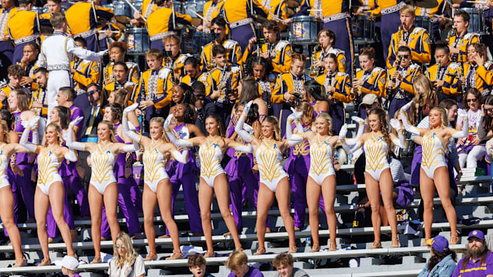 Nov 25, 2023; Baton Rouge, Louisiana, USA;  LSU Tigers tiger band and dancers perform during warmups before the game against the Texas A&M Aggies at Tiger Stadium. Mandatory Credit: Stephen Lew-USA TODAY Sports