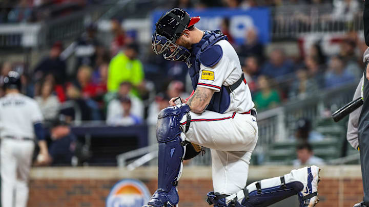 Mar 30, 2026; Cumberland, Georgia, USA; Atlanta Braves catcher Jonah Heim (20) during the game against the Athletics during the seventh inning at Truist Park. Mandatory Credit: Jordan Godfree-Imagn Images Mar 30, 2026; Cumberland, Georgia, USA; Atlanta Braves catcher Jonah Heim (20) during the game against the Athletics during the seventh inning at Truist Park. Mandatory Credit: Jordan Godfree-Imagn Images