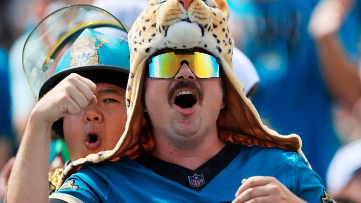 Jacksonville Jaguars fan Doug Speed reacts to a missed field goal from the Houston Texans during the first quarter of an NFL football matchup at EverBank Stadium, Sunday, Sept. 21, 2025, in Jacksonville, Fla. 