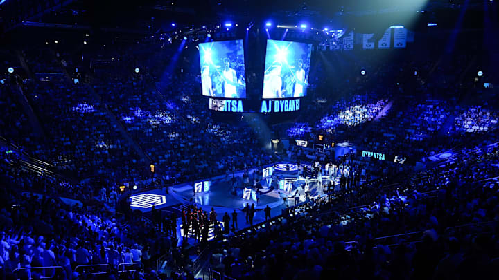 Mar 7, 2026; Provo, Utah, USA; A general view of the Marriott Center during player introductions before a game between the BYU Cougars and the Texas Tech Red Raiders. Mandatory Credit: Aaron Baker-Imagn Images
