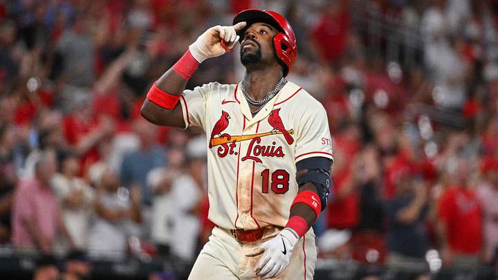 Aug 8, 2026; St. Louis, Missouri, USA; St. Louis Cardinals right fielder Jordan Walker (18) reacts after hitting a solo home run against the Colorado Rockies during the eighth inning at Busch Stadium. Mandatory Credit: Jeff Curry-Imagn Images