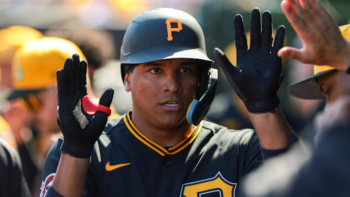 Mar 1, 2026; Jupiter, Florida, USA; Pittsburgh Pirates left fielder Jhostynxon Garcia (34) celebrates after hitting a home run against the St. Louis Cardinals during the fourth inning at Roger Dean Chevrolet Stadium. Mandatory Credit: Sam Navarro-Imagn Images