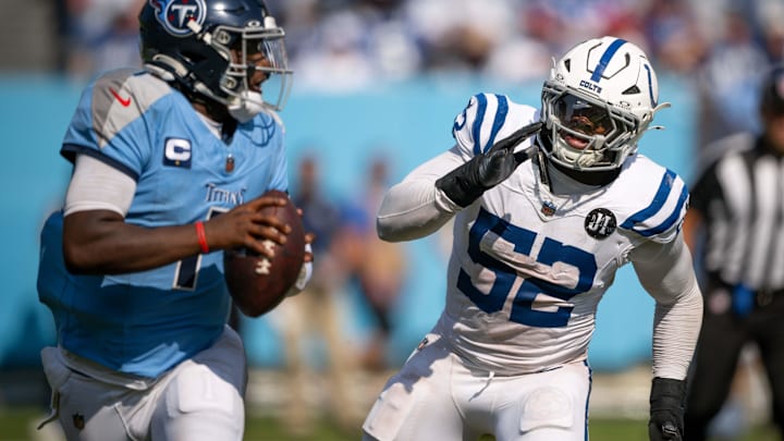 Sep 21, 2025; Nashville, Tennessee, USA; Indianapolis Colts defensive end Samson Ebukam (52) chases after Tennessee Titans quarterback Cameron Ward (1) during the second half at Nissan Stadium. Mandatory Credit: Steve Roberts-Imagn Images Sep 21, 2025; Nashville, Tennessee, USA; Indianapolis Colts defensive end Samson Ebukam (52) chases after Tennessee Titans quarterback Cameron Ward (1) during the second half at Nissan Stadium. Mandatory Credit: Steve Roberts-Imagn Images
