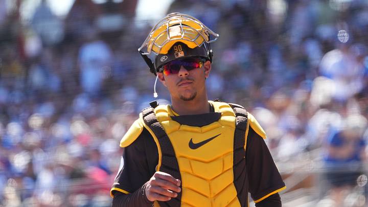 Feb 23, 2025; Phoenix, Arizona, USA; San Diego Padres catcher Ethan Salas (90) looks on against the Los Angeles Dodgers during the second inning at Camelback Ranch-Glendale. Mandatory Credit: Joe Camporeale-Imagn Images