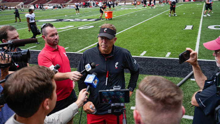 UC Bearcats hold a scrimmage at Nippert Stadium on Friday August 16, 2024. Coach Scott Satterfield speaks to the media.