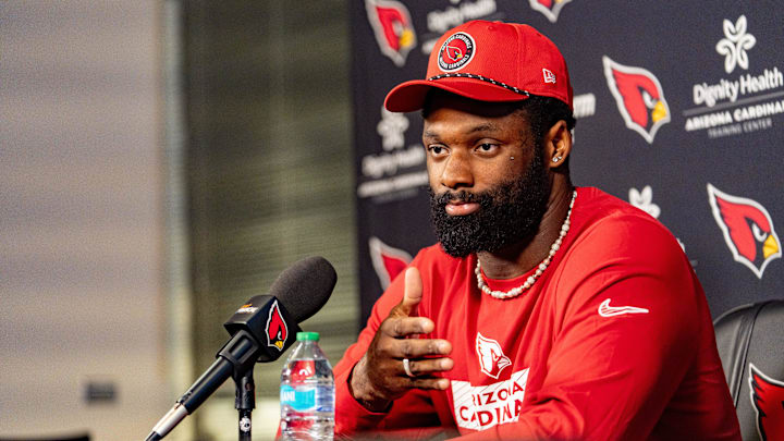 Josh Sweat speaks to members of the media at the Arizona Cardinals Training Center in Tempe on March 13, 2025. Josh Sweat speaks to members of the media at the Arizona Cardinals Training Center in Tempe on March 13, 2025.