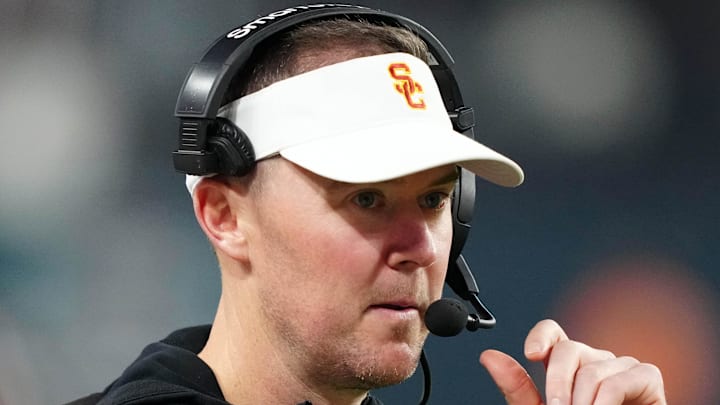 Dec 27, 2024; Las Vegas, NV, USA; Southern California Trojans head coach Lincoln Riley reacts against the Texas A&M Aggies in the second half at Allegiant Stadium. Dec 27, 2024; Las Vegas, NV, USA; Southern California Trojans head coach Lincoln Riley reacts against the Texas A&M Aggies in the second half at Allegiant Stadium.