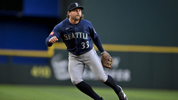 Apr 6, 2026; Arlington, Texas, USA; Seattle Mariners third baseman Brendan Donovan (33) looks for the ball during the game between the Rangers and the Mariners at Globe Life Field. Mandatory Credit: Jerome Miron-Imagn Images