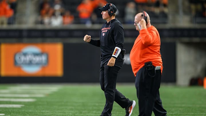 Sep 26, 2025; Corvallis, Oregon, USA; Oregon State Beavers head coach Trent Bray scoring a touchdown during the first half against the Houston Cougars at Reser Stadium. Mandatory Credit: Craig Strobeck-Imagn Images