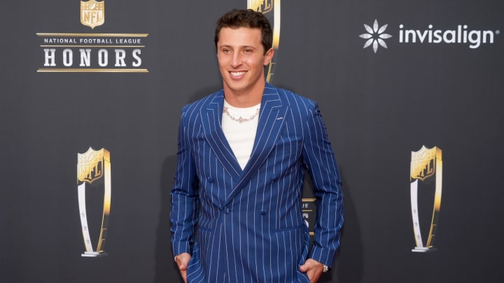 Feb 8, 2024; Las Vegas, NV, USA; New York Giants quarterback Tommy DeVito on the red carpet before the NFL Honors show at Resorts World Theatre.  