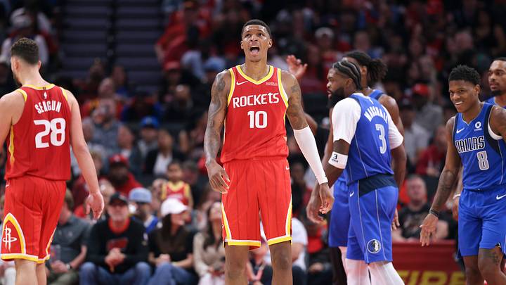Oct 21, 2026; Houston, Texas, USA; Houston Rockets forward Jabari Smith Jr. (10) reacts after a play during the third quarter against the Dallas Mavericks at Toyota Center. Mandatory Credit: Troy Taormina-Imagn Images Oct 21, 2026; Houston, Texas, USA; Houston Rockets forward Jabari Smith Jr. (10) reacts after a play during the third quarter against the Dallas Mavericks at Toyota Center. Mandatory Credit: Troy Taormina-Imagn Images