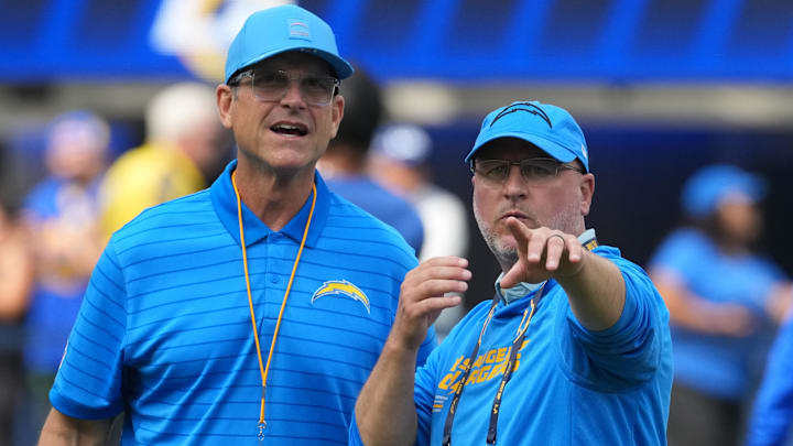 Chargers head coach Jim Harbaugh and GM Joe Hortiz