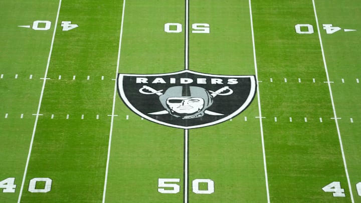Oct 27, 2024; Paradise, Nevada, USA; A Las Vegas Raiders shield logo at midfield at Allegiant Stadium. Mandatory Credit: Kirby Lee-Imagn Images