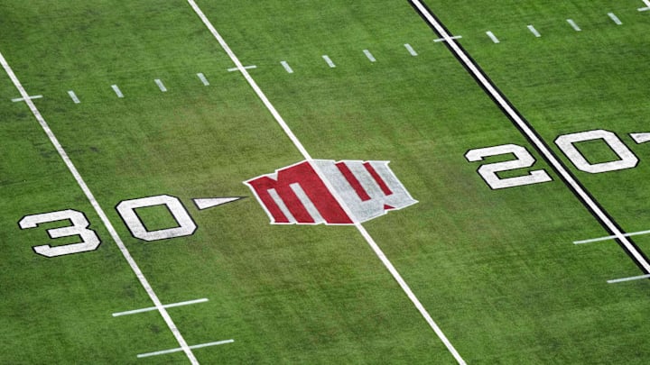 Dec 2, 2023; Las Vegas, NV, USA; The Mountain West conference logo on the field at Allegiant Stadium. Mandatory Credit: Kirby Lee-Imagn Images