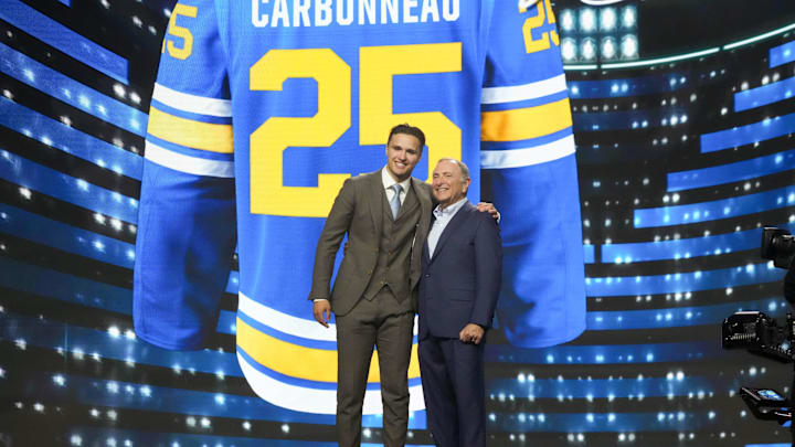 Jun 27, 2025; Los Angeles, California, USA; Justin Carbonneau is selected as the 19th overall pick to the St. Louis Blues in the first round of the 2025 NHL Draft at Peacock Theater. Mandatory Credit: Kirby Lee-Imagn Images Jun 27, 2025; Los Angeles, California, USA; Justin Carbonneau is selected as the 19th overall pick to the St. Louis Blues in the first round of the 2025 NHL Draft at Peacock Theater. Mandatory Credit: Kirby Lee-Imagn Images