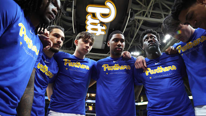 Mar 4, 2026; Pittsburgh, Pennsylvania, USA;  The Pittsburgh Panthers huddle before the game against the Florida State Seminoles at the Petersen Events Center. Mandatory Credit: Charles LeClaire-Imagn Images