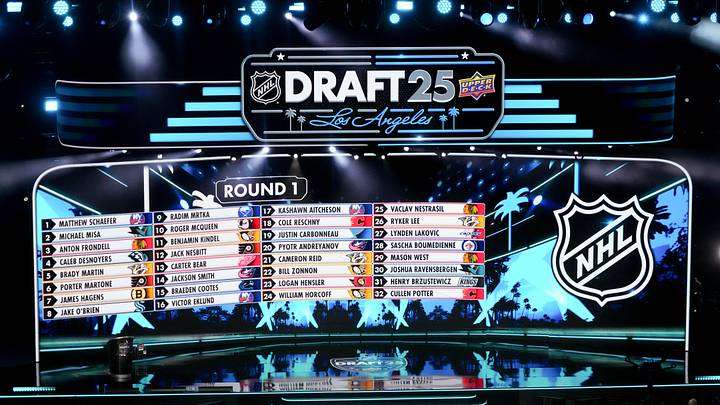 Jun 27, 2025; Los Angeles, California, USA; The draft board is seen following the first round of the 2025 NHL Draft at Peacock Theater. Mandatory Credit: Kirby Lee-Imagn Images
