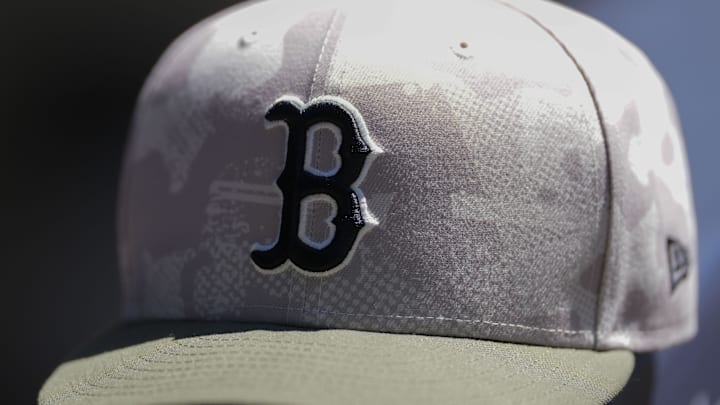 May 26, 2025; Milwaukee, Wisconsin, USA;  General view of a Boston Red Sox hat during warmups prior the game against the Milwaukee Brewers at American Family Field.