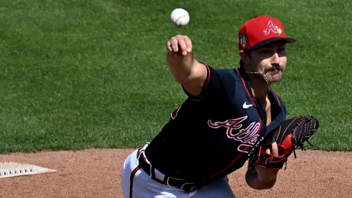 Mar 5, 2026; North Port, Florida, USA; Atlanta Braves relief pitcher Spencer Strider (99) throws a pitch in the fourth inning against the Toronto Blue Jays during spring training at CoolToday Park. Mandatory Credit: Jonathan Dyer-Imagn Images