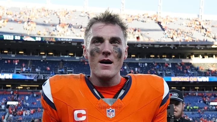 Oct 19, 2025; Denver, Colorado, USA; Denver Broncos quarterback Bo Nix (10) celebrates after the win against the New York Giants at Empower Field at Mile High. 