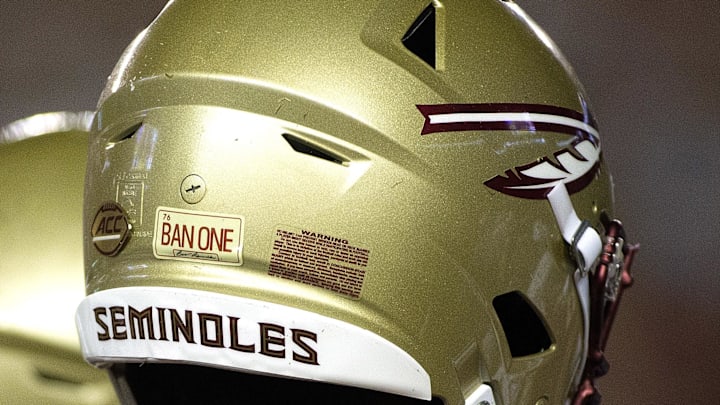 Sep 8, 2018; Tallahassee, FL, USA; Florida State Seminoles had a special sticker on their helmets to honor former FSU player Burt Reynolds who died this past week.  The Florida State Seminoles host the Samford Bulldogs at Doak Campbell Stadium. Florida State won 36-26. Mandatory Credit: Glenn Beil-Imagn Images