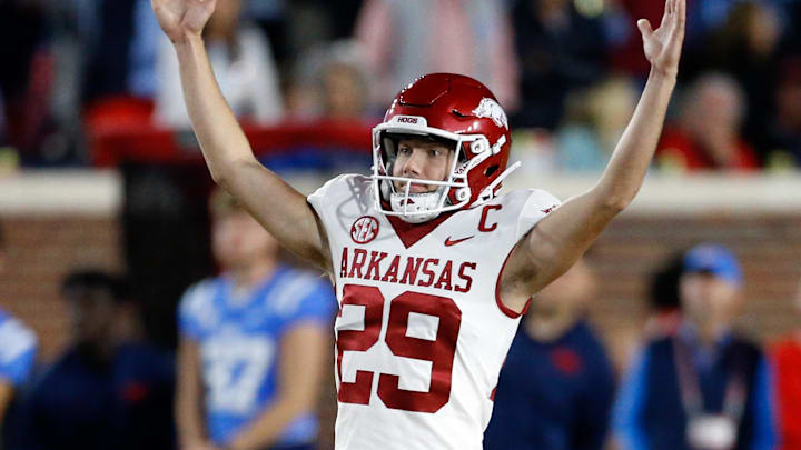 Oct 7, 2023; Oxford, Mississippi, USA; Arkansas Razorbacks kicker Cam Little (29) reacts after