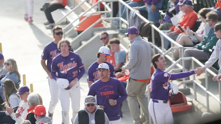 Clemson players greet and thank veterans for their service during the middle of the fourth inning of game two of a doubleheader with Army West Point. Clemson players greet and thank veterans for their service during the middle of the fourth inning of game two of a doubleheader with Army West Point.