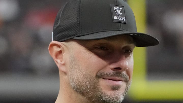 Jan 4, 2026; Paradise, Nevada, USA; Las Vegas Raiders general manager John Spytek reacts during the game against the Kansas City Chiefs at Allegiant Stadium. Mandatory Credit: Kirby Lee-Imagn Images