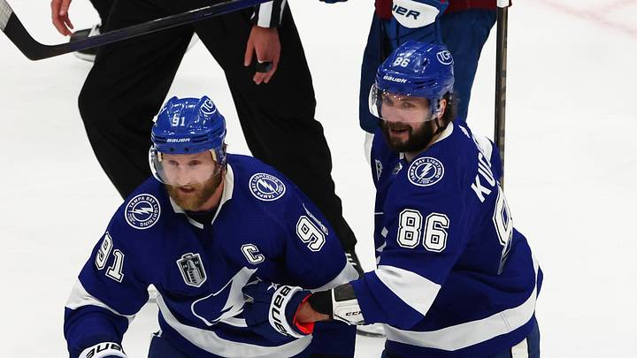 Jun 20, 2022; Tampa, Florida, USA; Tampa Bay Lightning center Steven Stamkos (91) and right wing Nikita Kucherov (86) against the Colorado Avalanche during game three of the 2022 Stanley Cup Final at Amalie Arena. Mandatory Credit: Mark J. Rebilas-USA TODAY Sports