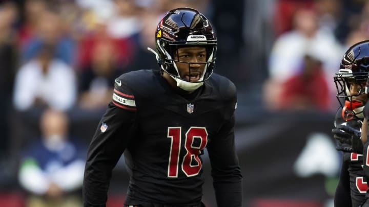 Nov 26, 2023; Glendale, Arizona, USA; Arizona Cardinals linebacker BJ Ojulari (18) against the Los Angeles Rams at State Farm Stadium. Mandatory Credit: Mark J. Rebilas-USA TODAY Sports Nov 26, 2023; Glendale, Arizona, USA; Arizona Cardinals linebacker BJ Ojulari (18) against the Los Angeles Rams at State Farm Stadium. Mandatory Credit: Mark J. Rebilas-USA TODAY Sports