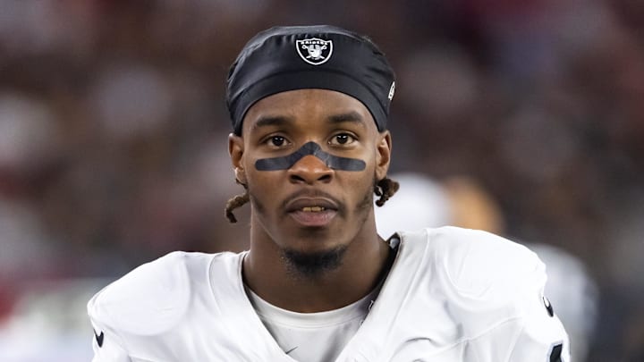Aug 23, 2025; Glendale, Arizona, USA; Las Vegas Raiders wide receiver Dont'e Thornton Jr. (10) against the Arizona Cardinals during a preseason NFL game at State Farm Stadium. Mandatory Credit: Mark J. Rebilas-Imagn Images
