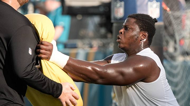 Jacksonville Jaguars guard Emmanuel Pregnon (75) runs a drill during warm ups before hosting the Carolina Panthers at EverBank Stadium in the second preseason game on Friday night, August 21, 2026 in Jacksonville, Fla. [Doug Engle/Florida Times-Union]