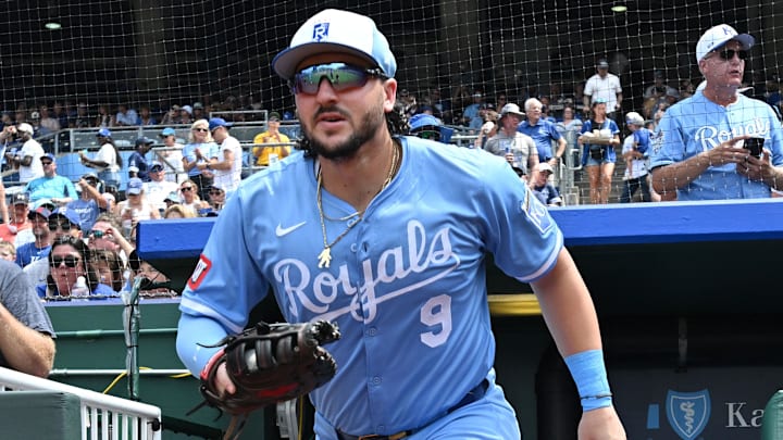 Jul 12, 2025; Kansas City, Missouri, USA; Kansas City Royals first baseman Vinnie Pasquantino (9) runs out of the dugout before the first inning against the New York Mets at Kauffman Stadium. Mandatory Credit: Peter Aiken-Imagn Images Jul 12, 2025; Kansas City, Missouri, USA; Kansas City Royals first baseman Vinnie Pasquantino (9) runs out of the dugout before the first inning against the New York Mets at Kauffman Stadium. Mandatory Credit: Peter Aiken-Imagn Images