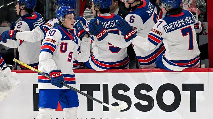 Dec 29, 2025; St. Paul, Minnesota, USA; USA forward James Hagens (10) celebrates his goal against Slovakia during the second period of Group A play in the 2026 IIHF World Junior Championship at Grand Casino Arena. Mandatory Credit: Nick Wosika-Imagn Images Dec 29, 2025; St. Paul, Minnesota, USA; USA forward James Hagens (10) celebrates his goal against Slovakia during the second period of Group A play in the 2026 IIHF World Junior Championship at Grand Casino Arena. Mandatory Credit: Nick Wosika-Imagn Images