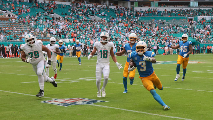 Los Angeles Chargers free safety Derwin James (3) carries the football after an interception against the Miami Dolphins during the fourth quarter at Hard Rock Stadium. Los Angeles Chargers free safety Derwin James (3) carries the football after an interception against the Miami Dolphins during the fourth quarter at Hard Rock Stadium.