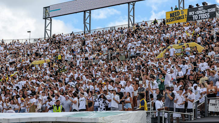 Sep 30, 2023; Orlando, Florida, USA; UCF Knights fans before the game against the Baylor Bears during the second quarter at FBC Mortgage Stadium. Mandatory Credit: Mike Watters-Imagn Images