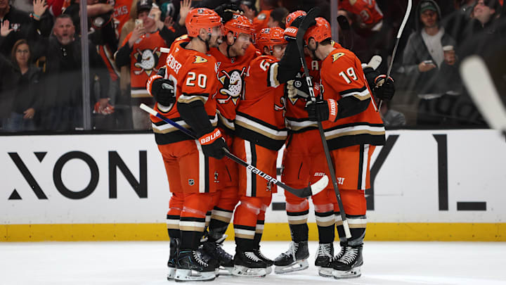 May 14, 2026; Anaheim, California, USA; Anaheim Ducks center Mikael Granlund (middle) celebrates with teammates after scoring a power-play goal against Vegas Golden Knights during the second period of game six of the second round of the 2026 Stanley Cup Playoffs at Honda Center. Mandatory Credit: Kiyoshi Mio-Imagn Images May 14, 2026; Anaheim, California, USA; Anaheim Ducks center Mikael Granlund (middle) celebrates with teammates after scoring a power-play goal against Vegas Golden Knights during the second period of game six of the second round of the 2026 Stanley Cup Playoffs at Honda Center. Mandatory Credit: Kiyoshi Mio-Imagn Images