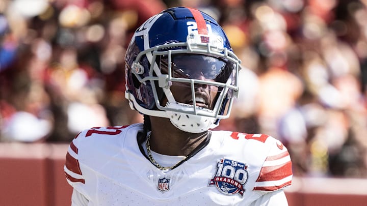 Sep 15, 2024; Landover, Maryland, USA; New York Giants Adoree' Jackson (21) runs off the field during the second half at Commanders Field.  