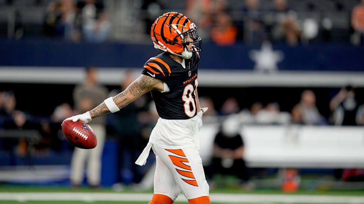 Cincinnati Bengals wide receiver Jermaine Burton (81) warms up before facing the Dallas Cowboys during Monday Night Football at AT&T Stadium on Monday, December 9, 2024.