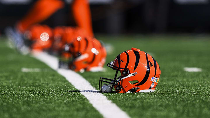 Dec 1, 2024; Cincinnati, Ohio, USA; A general view of a Cincinnati Bengals helmet during warmups before the game against the Pittsburgh Steelers at Paycor Stadium. Mandatory Credit: Katie Stratman-Imagn Images