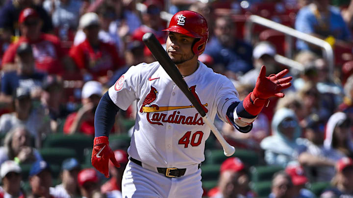 Aug 22, 2024; St. Louis, Missouri, USA; St. Louis Cardinals catcher Willson Contreras (40) tosses his bat after drawing a walk with the bases loaded against the Milwaukee Brewers during the seventh inning at Busch Stadium. Mandatory Credit: Jeff Curry-Imagn Images Aug 22, 2024; St. Louis, Missouri, USA; St. Louis Cardinals catcher Willson Contreras (40) tosses his bat after drawing a walk with the bases loaded against the Milwaukee Brewers during the seventh inning at Busch Stadium. Mandatory Credit: Jeff Curry-Imagn Images