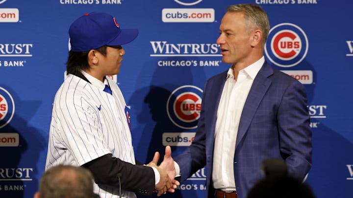 Jan 12, 2024; Chicago, IL, USA; Chicago Cubs president of baseball operations Jed Hoyer (right)