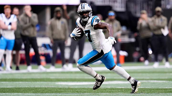 Carolina Panthers wide receiver Xavier Legette (17) runs with the ball in the second half Carolina Panthers wide receiver Xavier Legette (17) runs with the ball in the second half