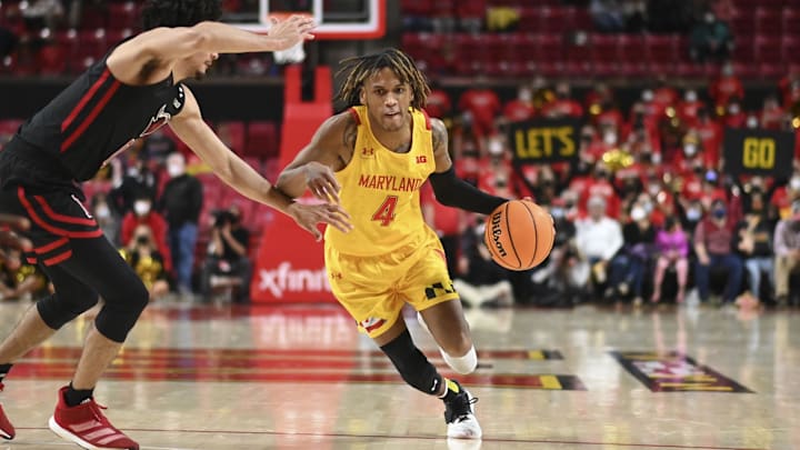 Jan 15, 2022; College Park, Maryland, USA;  Maryland Terrapins guard Fatts Russell (4) makes a move to the basket.