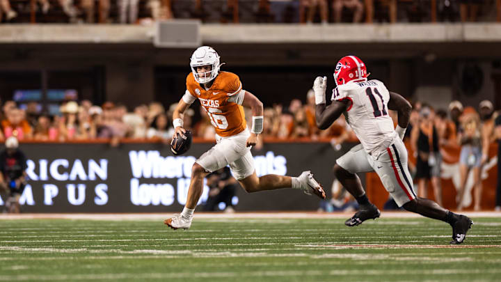 Oct 19, 2024; Austin, Texas, USA; Texas Longhorns quarterback Arch Manning (16) runs the ball against the Georgia Bulldogs during the second quarter at Darrell K Royal-Texas Memorial Stadium. Mandatory Credit: Brett Patzke-Imagn Images Oct 19, 2024; Austin, Texas, USA; Texas Longhorns quarterback Arch Manning (16) runs the ball against the Georgia Bulldogs during the second quarter at Darrell K Royal-Texas Memorial Stadium. Mandatory Credit: Brett Patzke-Imagn Images