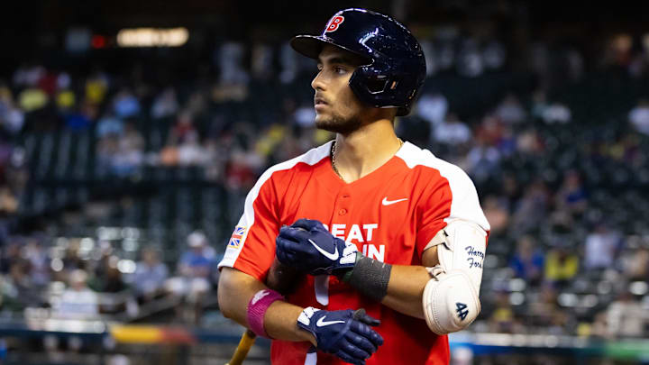 Great Britain catcher Harry Ford prepares to hit during a World Baseball Classic game against Colombia on March 13, 2023, at Chase Field.