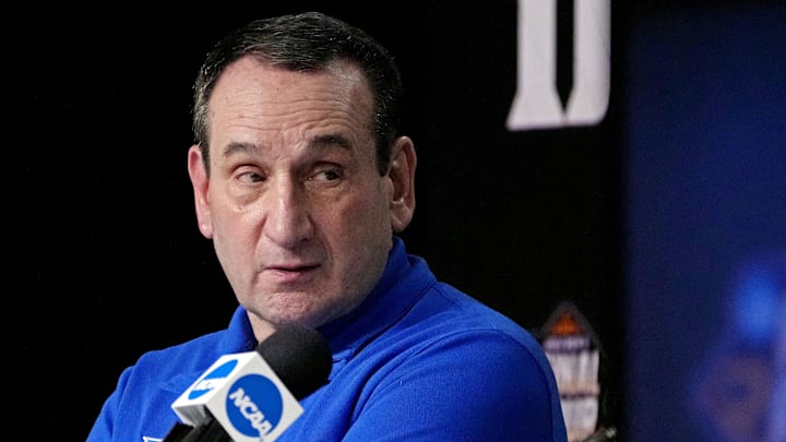 Duke Blue Devils head coach Mike Krzyzewski speaks in a press conference.